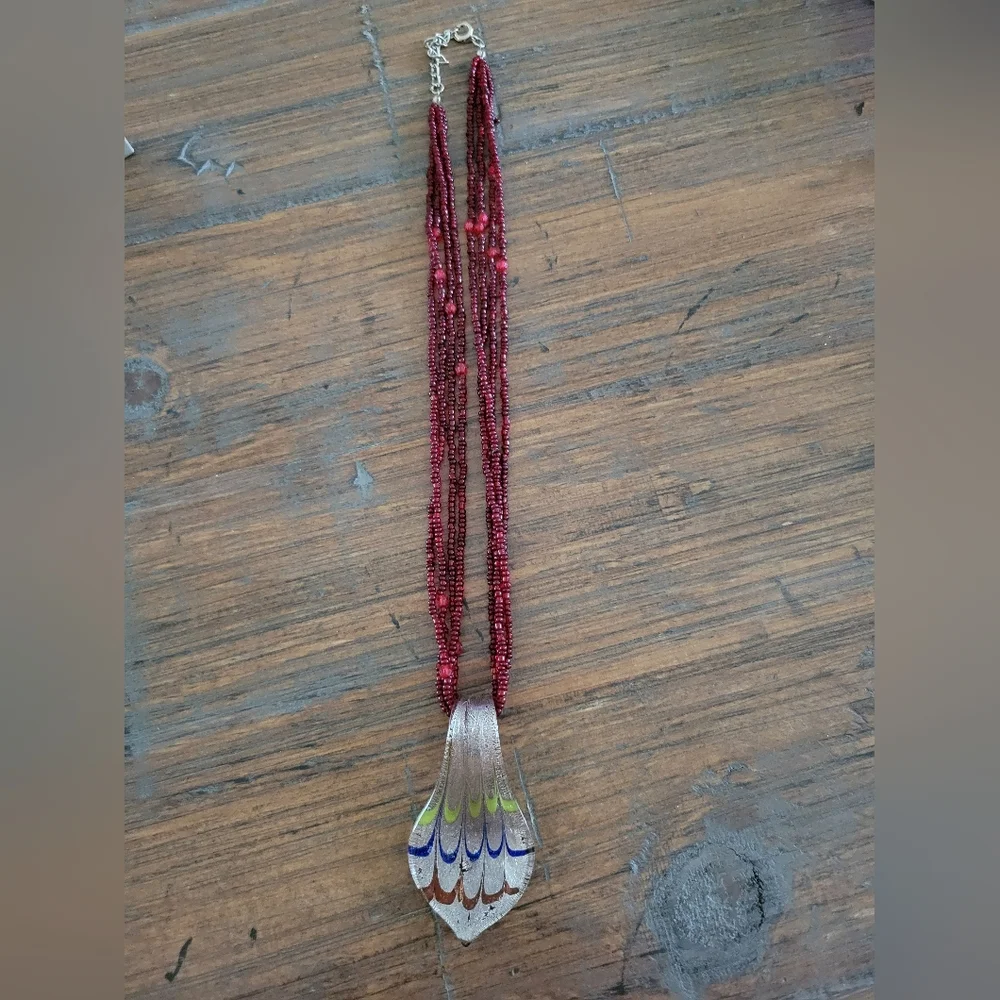 Burgandy Glass Seed Bead & Pendant Necklace